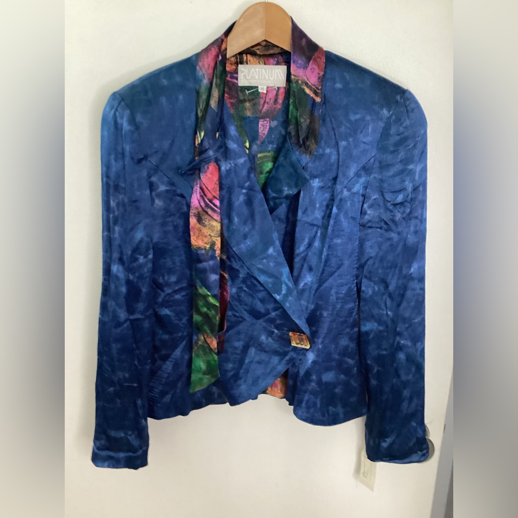 Deadstock Vtg. Platinum Satin Navy Blue Blazer With Multicolor Scarf Detail M